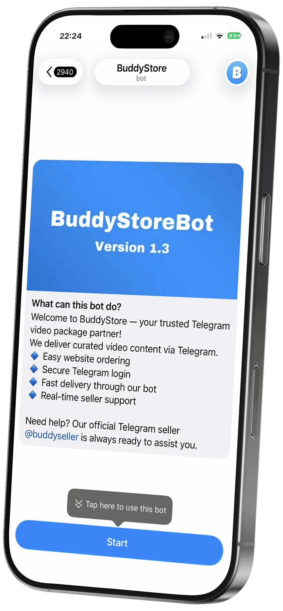 BuddyStore Telegram bot on iPhone